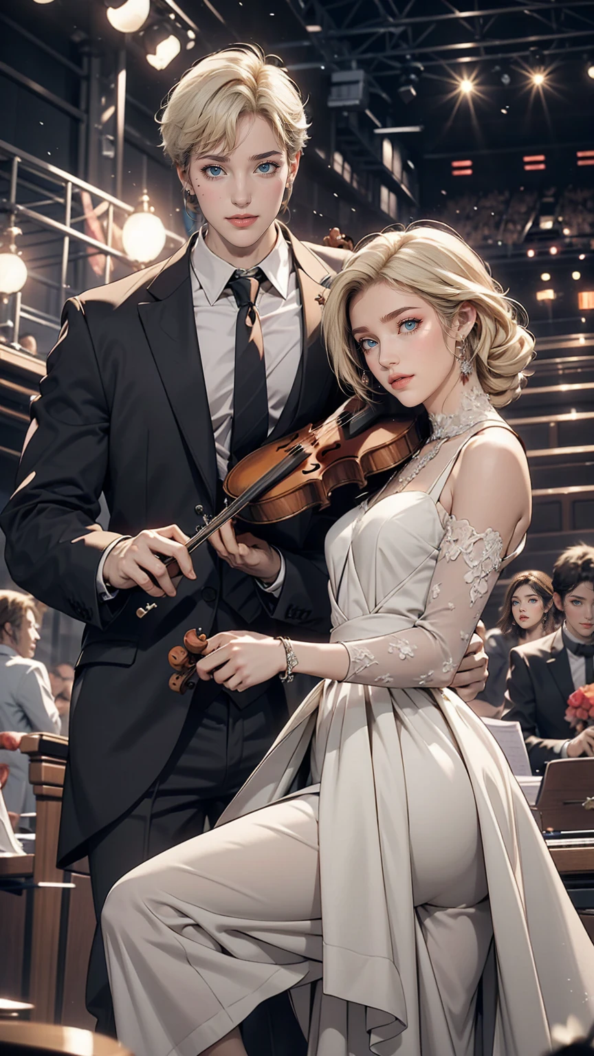 24 year old Caucasian female、Platinum Blonde、Violinist playing at a concert、Dress Wear、smile