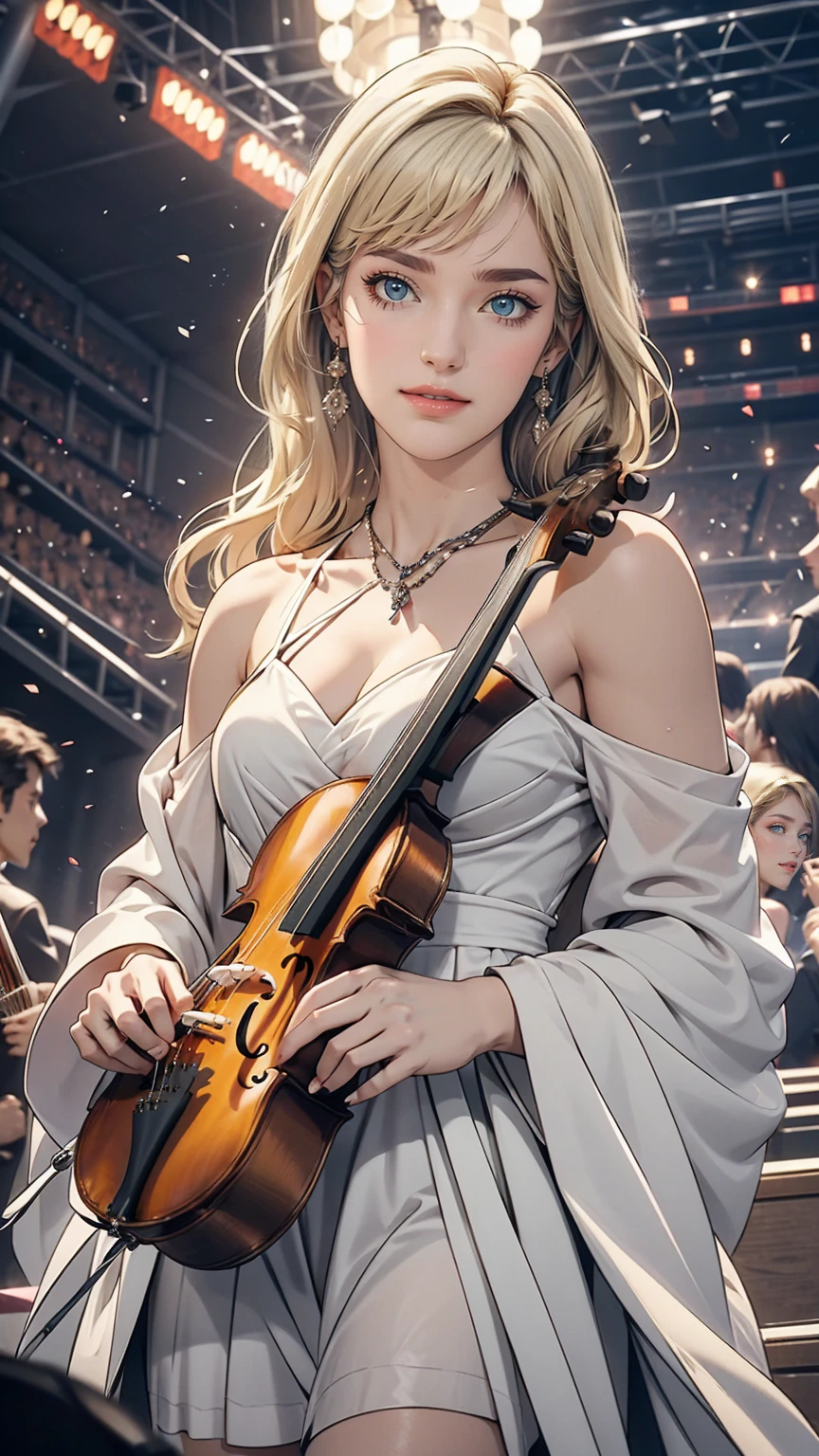 24 year old Caucasian female、Platinum Blonde、Violinist playing at a concert、Dress Wear、smile