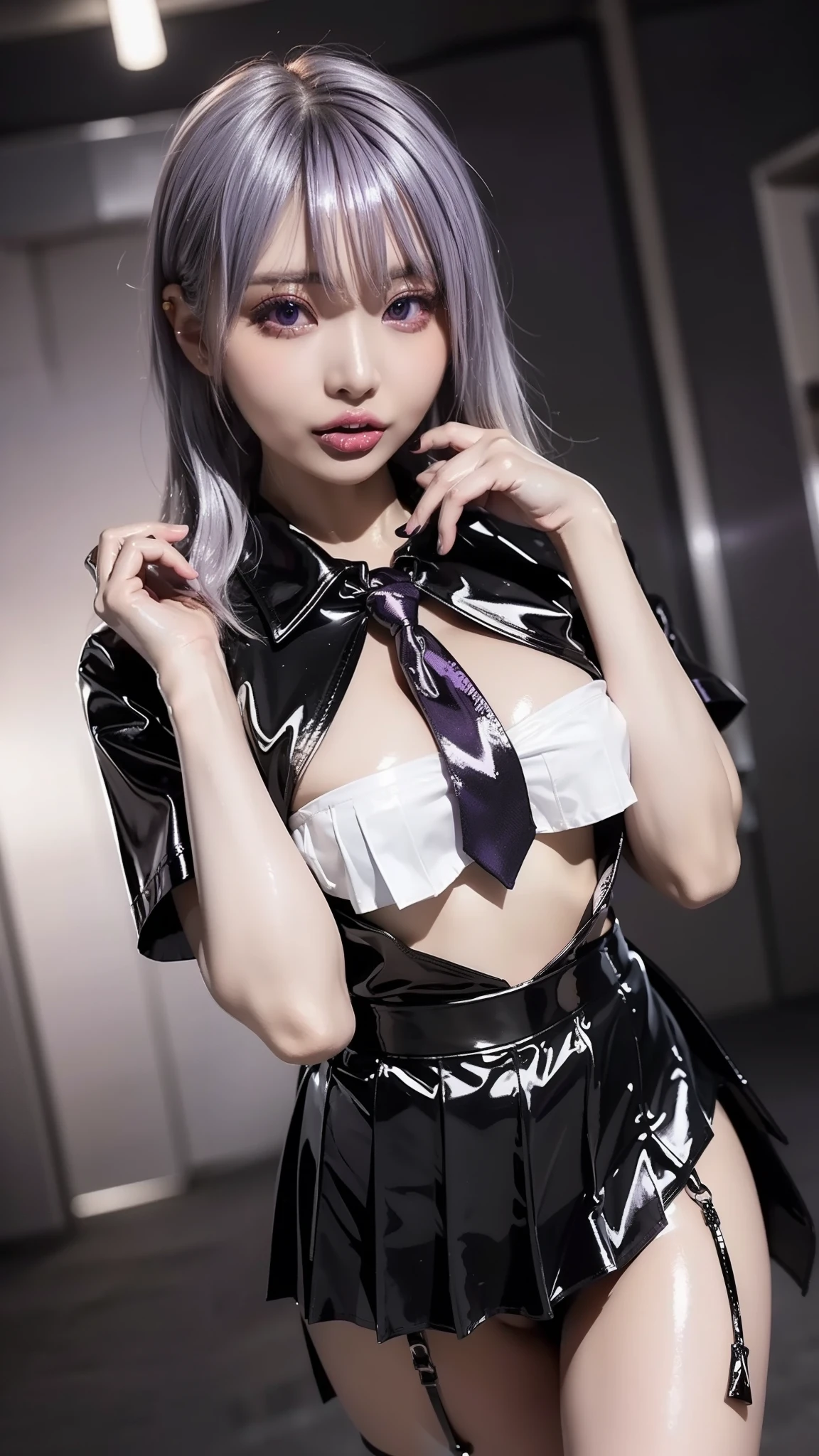 、standing with legs apart、 1 cute girl, highest quality、Ultra - High resolution、High resolution、Detailed CG、8k unit wallpaper、20-year-old、beautiful and detailed eyes,platinum blonde hair、Random hairstyle、(((Black and purple super shiny latex panties)))、((( black skin , Shirt with tie , cropped shirt , pleated skirt , cleavage ,Oily skin)))、(shiny body,:1.5)、 please be shy、(Ahegao:1.5)、(Stick out your tongue and drool)、full of embarrassment、Sexy pose、((steam))