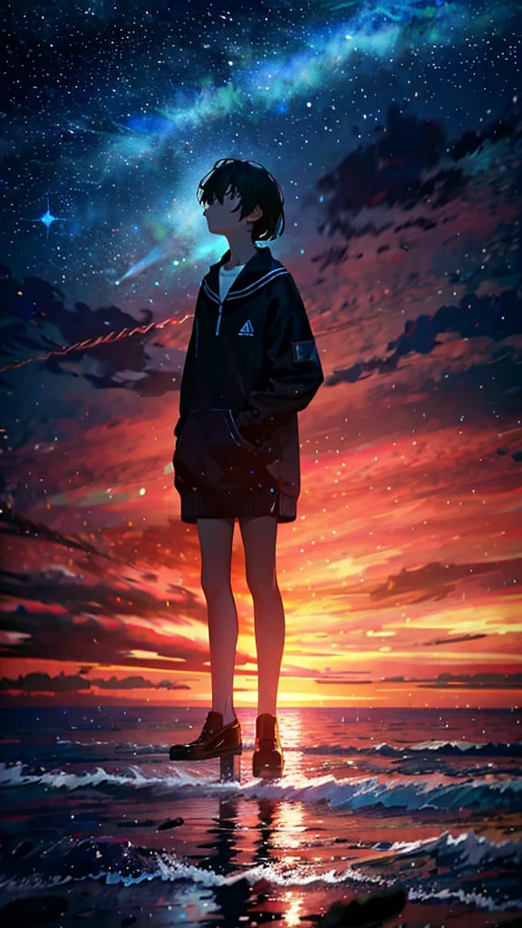 At night, Teenager standing by the sea,Looking up at the starry sky,Full body photo,delicated,nood