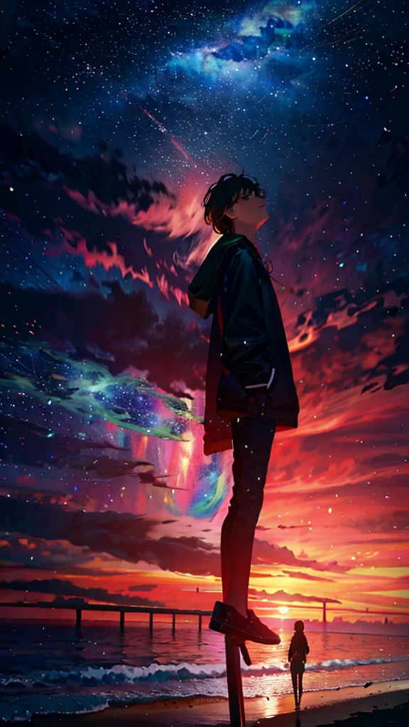 At night, standing by the sea,Looking up at the starry sky,Full body photo,delicated,nood