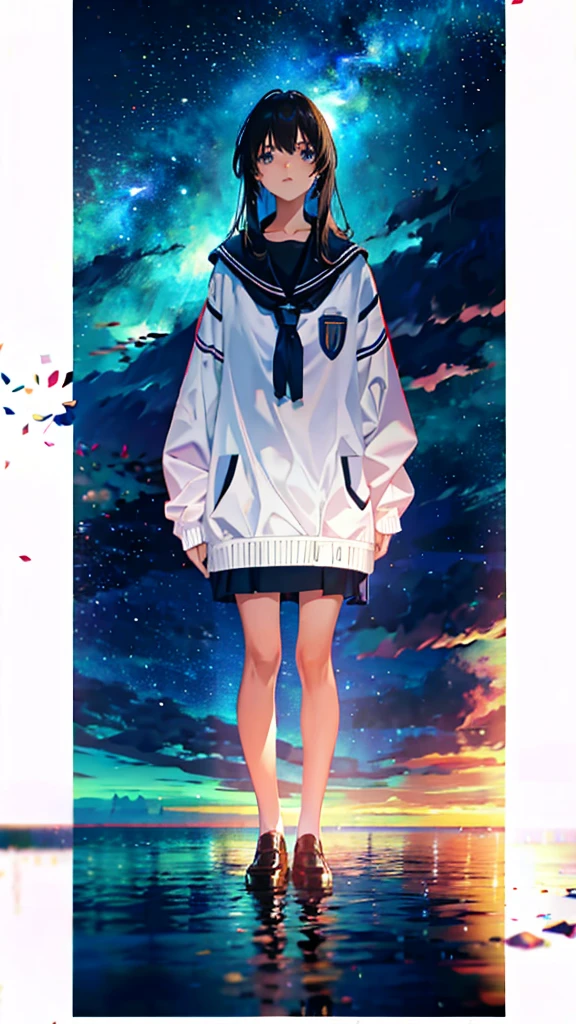 At night, Teenager standing by the sea，Looking up at the starry sky，Full body photo，delicated，nood
