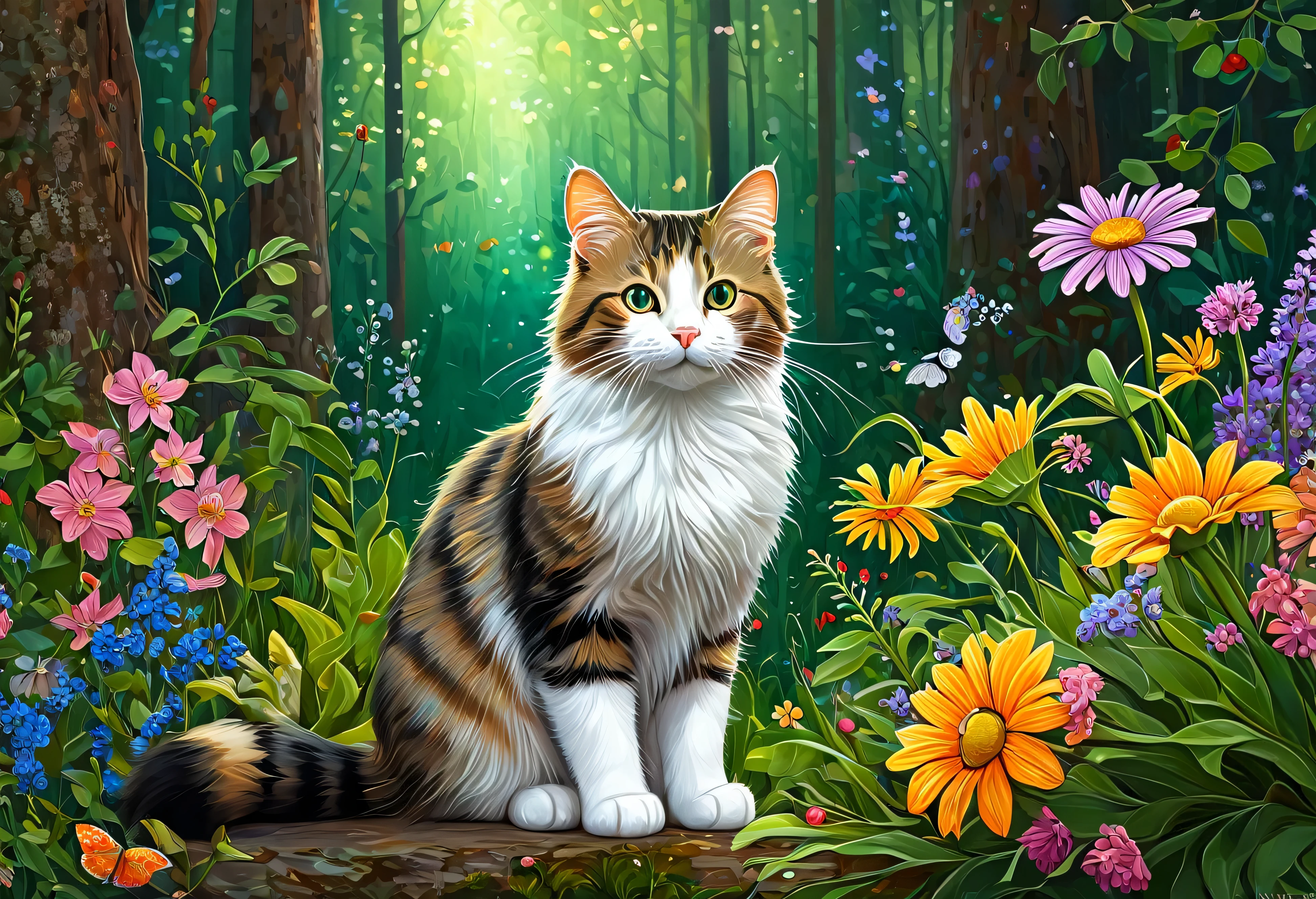 A cat is sitting next to a bouquet of flowers, Forest Cat, Detailed painting 4k, Lots of flowers, Beautiful Art UHD 4K, Whimsical art, Cute and detailed digital art, Inspired by Alison Kinnaird, Kelenbait, By Igor Grabar, Beautiful digital art, 4K Detailed Art, Magic Flower