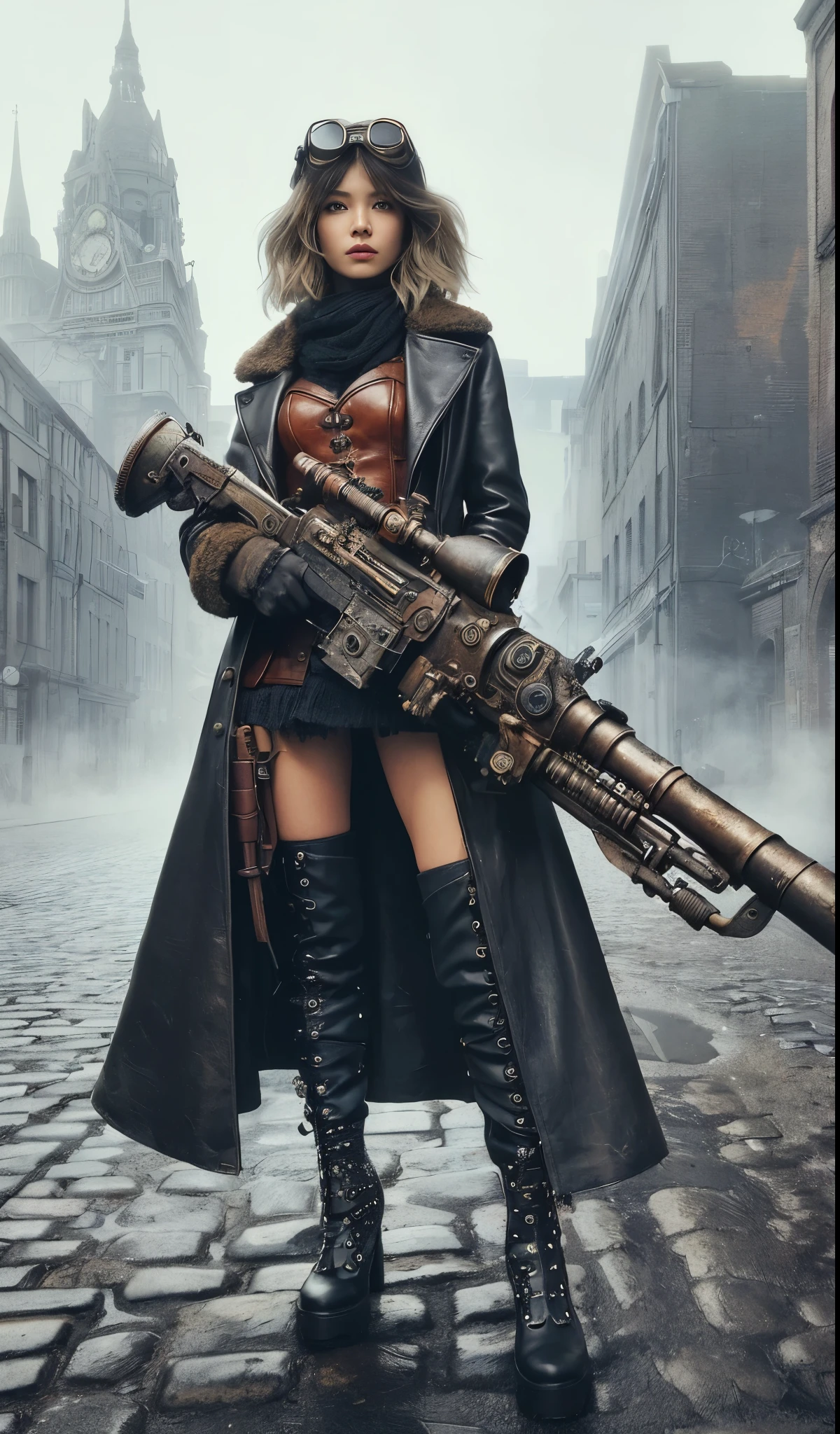 8k,Realistic Skin Texture、Superrealism、Realistic Photo、Japanese women、steampunk、Leather coat、Standing with a heavily modified oversized rifle、Light cloudiness、Dirty city、Steam rising from buildings here and there、Goggles above your head、Stand facing forward in front of a wall with intricate patterns and gears、