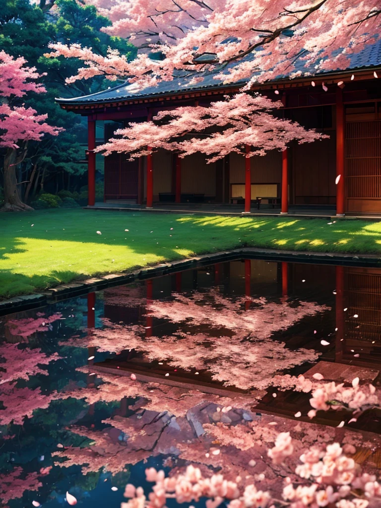 ((masterpiece))、(highest quality,High resolution:1.2),Super detailed,Traditional Japanese Kimono,Yamato Nadeshiko,Beautiful expression,Skilled tea ceremony,honor code,Sacred Devotion,Falling cherry blossom petals,Ancient Cherry Trees,Authentic Japanese scenery,A quiet temple seen in the distance,Subtle light and shadow,Sublime Art,Strokes,Thick black ink,manga-inspired,Traditional woodblock style,Vibrant colors,Delicate line drawing,Subtle incense scent,Serene atmosphere