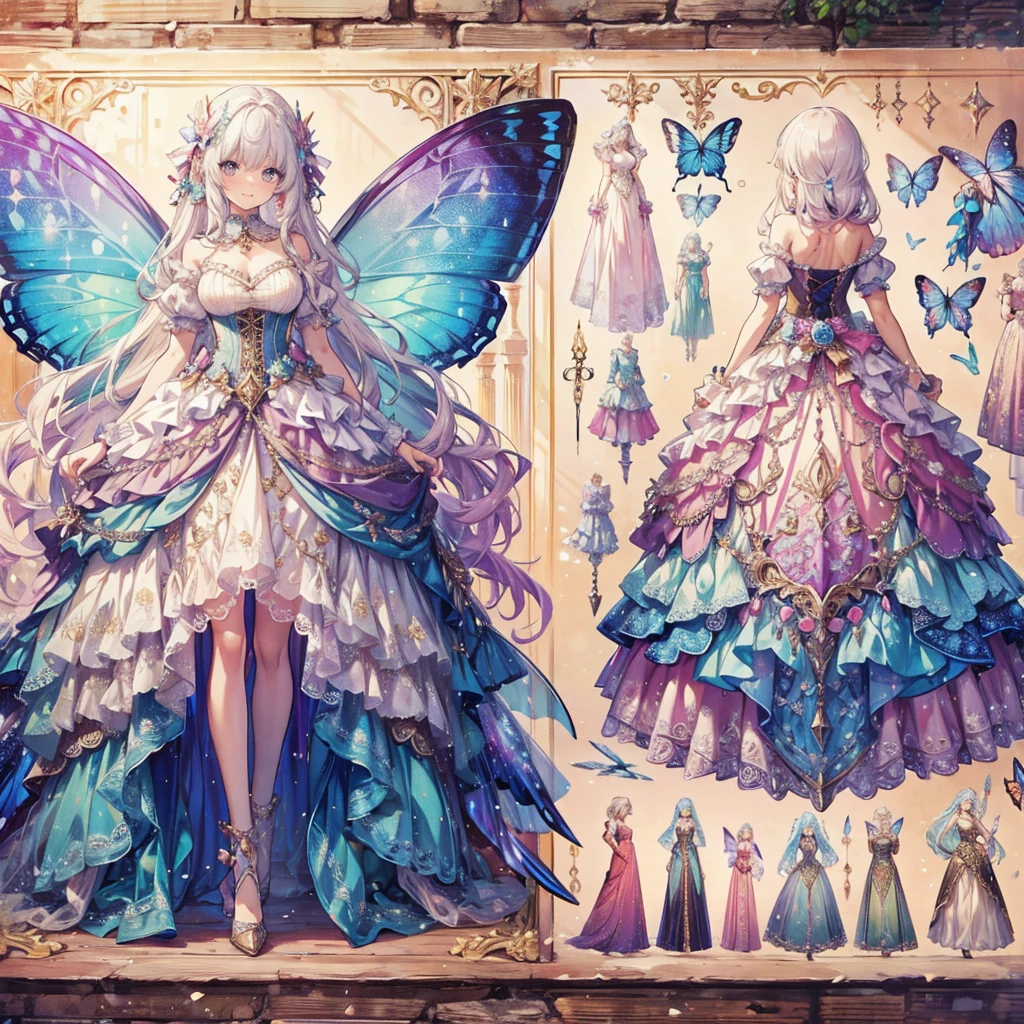 (Exquisite, beautiful and highly detailed masterpiece, high quality, high resolution),(An illustration of a fantastical antique flyer attached to a wooden signboard, showing a fairy princess dress in pastel and vivid colors with beautiful, transparent butterfly-like fairy wings growing from the back of the dress worn by a torso in a fantasy world, and descriptions of several dresses neatly arranged in a row),A frilly princess dress with draped peplums symmetrically attached to the bottom of the corset and a skirt decorated with bows and flowers.,A cute princess dress with beautiful, transparent fairy wings growing from the back.