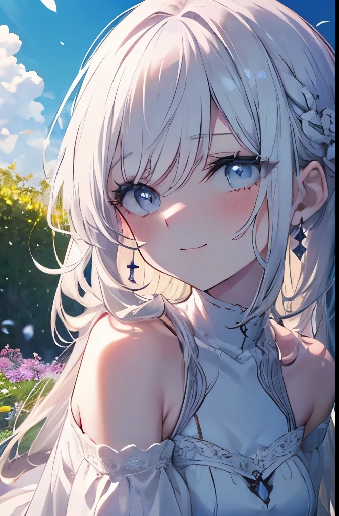 Masutepiece, Highest Quality, (Perfect face:1.1), (high detailing:1.1), (ultradetailed eyes), Ethereal eyes,Dramatic,superfine illustration,Extremely detailed,1girl in,ager,(pale skin),(long white hair),Blue eyes, With eyes highlights,Solo,Smile,Happy,Laugh,Enjoy,Pouty lips,Cinematic lighting, Cowboy Shot,whitedress, off shoulder,outdoor,bluesky,sunny,garden, sitting