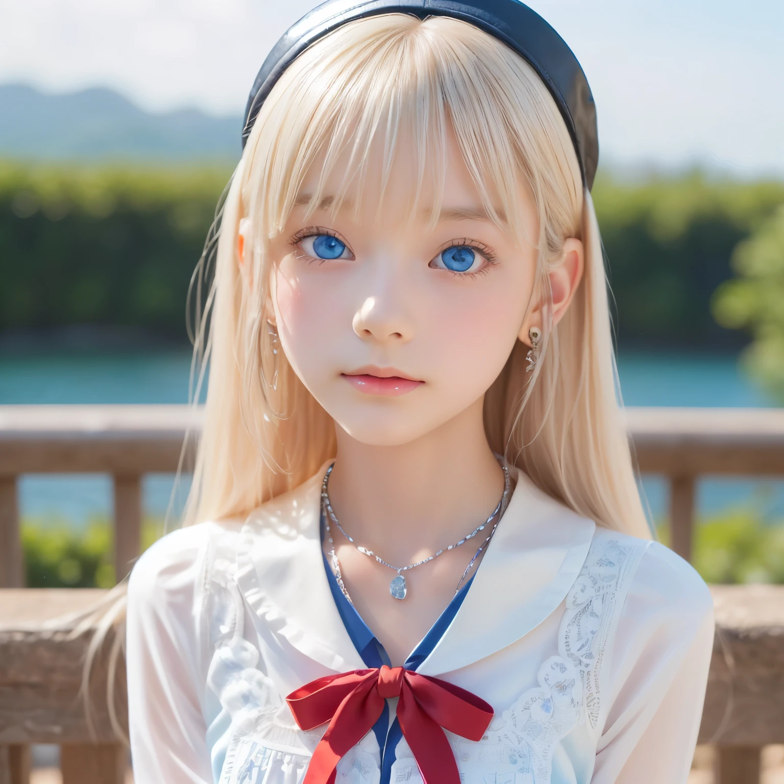 ((detailed face, cute face)), (She is wearing a long white embroidered skirt, a red blouse with lace, a white apron tied around her waist, blue socks, and brown leather shoes, blue scarf is on her head. Yes, her accessories include necklaces, earrings, and bracelets. 1 Girl)), Ultra High Resolution, (Realistic: 1.4), RAW Photo, Best Quality, (Photorealistic Stick), Focus, Soft Light, (()), ((Shiny platinum blonde silk super long straight hair, beautiful shiny bangs, big clear sky blue eyes, very beautiful bright eye highlights )), (( (young face))), (surface), (depth of field), masterpiece, (realistic), woman, bangs, ((1 girl))