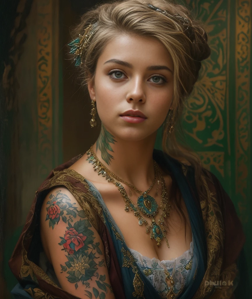 Masterpiece, upper body portrait, girl, tattoos, middle ages, traditional clothing, classicism, andrey atroshenko style, painting, traditional media, realistic, figurative, fine art, oil on canvas, HDR, 8K, original character, high resolution, high detail, focus on the face, intricate, flawless