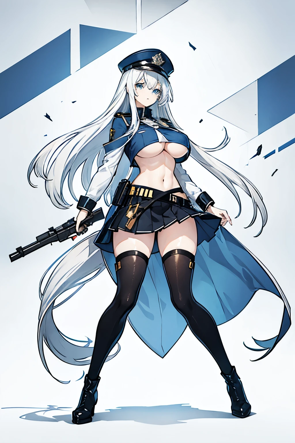 Alone woman  // police hat // gigantic breasts (J size) // large breasts // // full body photo // bare belly // underboobs top // short skirt // long boots // pistol // long white hair // blue eyes
