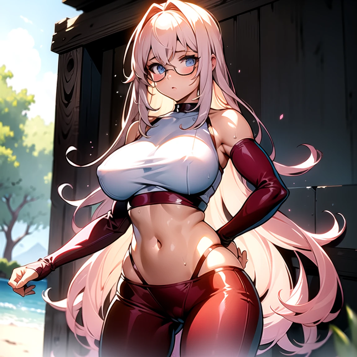 (masterpiece, best quality:1.2), cowboy shot, solo, 1girl, glasses, long fluffy pink hair, gorgeous body, cowboy shot, slight smile, crop top, (sexy and very transparent (red) clothes), sexy pose, musculous belly, navel exposed, large breasts, pink breasts niples, cameltoe, tanned skin, wet body and clothes.