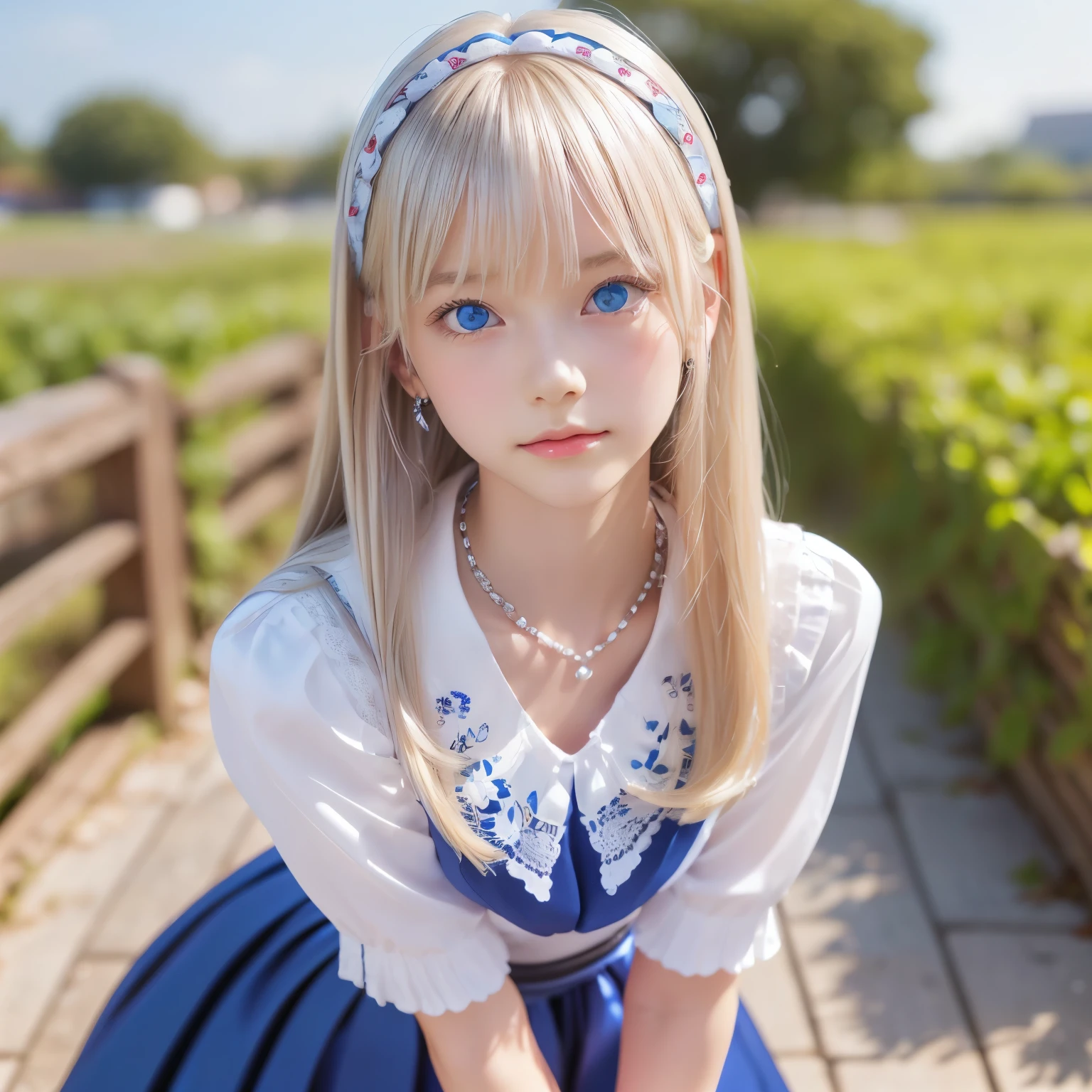 ((detailed face, cute face)), (She is wearing a long white embroidered skirt, a red blouse with lace, a white apron tied around her waist, blue socks, and brown leather shoes, blue scarf is on her head. Yes, her accessories include necklaces, earrings, and bracelets. 1 Girl)), Ultra High Resolution, (Realistic: 1.4), RAW Photo, Best Quality, (Photorealistic Stick), Focus, Soft Light, ((15 years old)), ((Shiny platinum blonde silk super long straight hair, beautiful shiny bangs, big clear sky blue eyes, very beautiful bright eye highlights )), (( (young face))), (surface), (depth of field), masterpiece, (realistic), woman, bangs, ((1 girl))