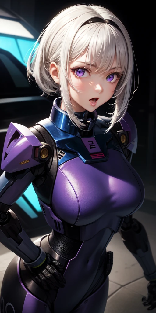 Practical, girl number one, white hair, Purple Eyes, Shining eyes, Mecha suit, Gundam, Metal, Intricate details, Detailed neon lights, Open your mouth,