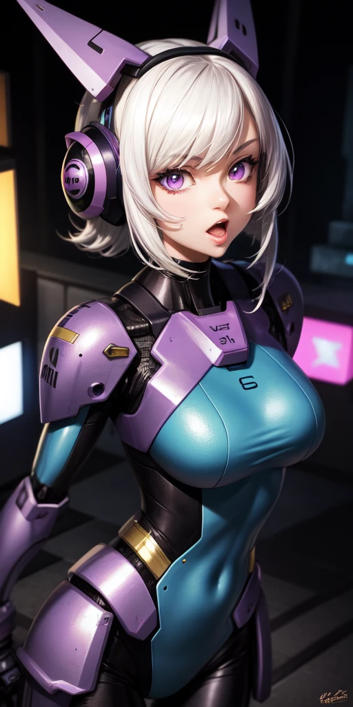 Practical, girl number one, white hair, Purple Eyes, Shining eyes, Mecha suit, Gundam, Metal, Intricate details, Detailed neon lights, Open your mouth,