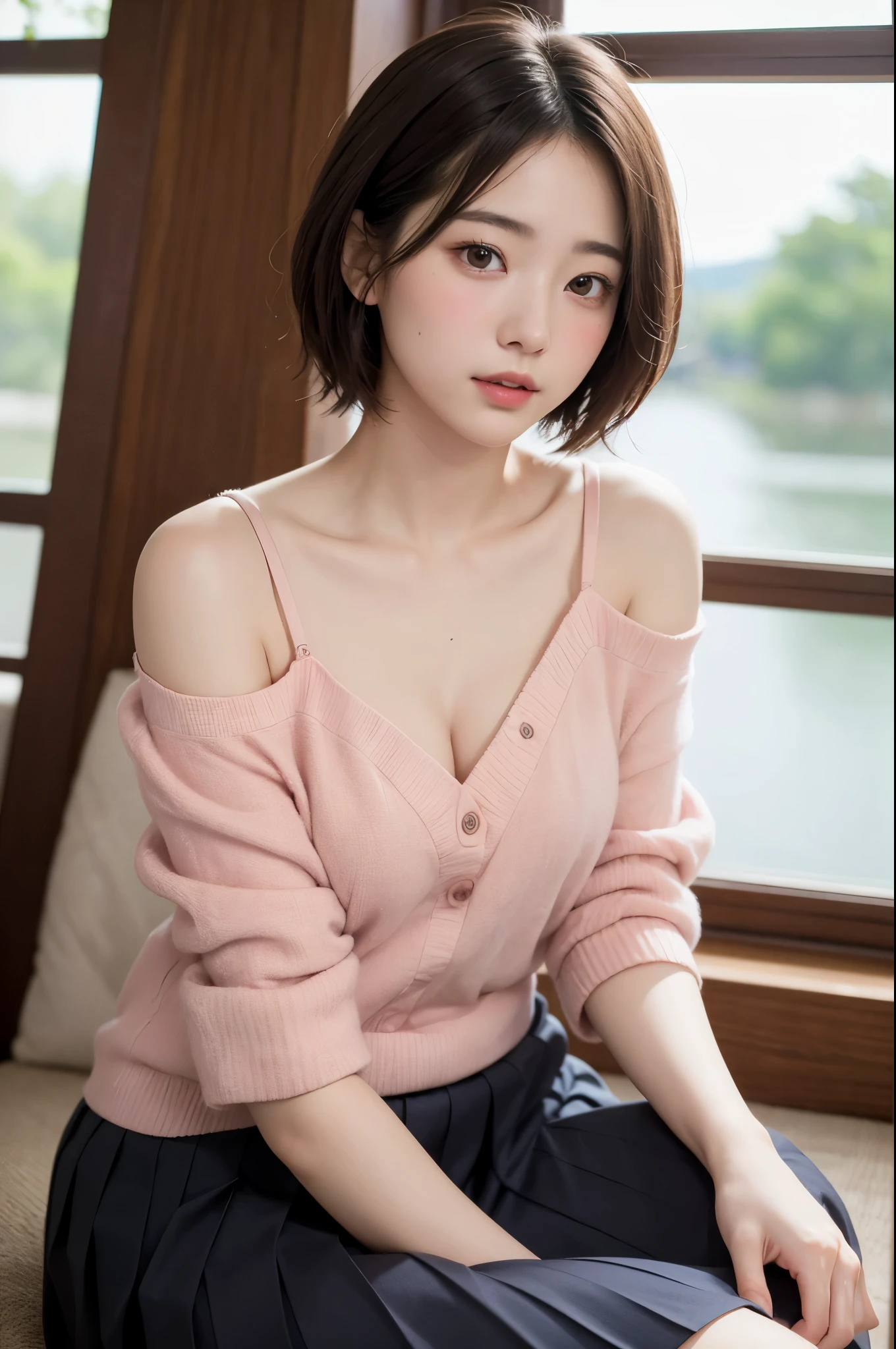 (High resolution、8k:1.3)、(Ultra-realistic as a photo:1.3)、Very nice finish、Sharp focus, 超High resolutionの顔、highest quality、The face is in focus、Ultra high definition and beautiful eyes、Eyes are symmetrical:1.3、High quality and beautiful skin、Firm Skin、Japanese Girls, very cute、、(Pleated skirt、mini skirt), Sitting、Natural Makeup, (blush:1.3), (Embarrassing:1.3)、(View your viewers:1.3),short hair, messy hair
