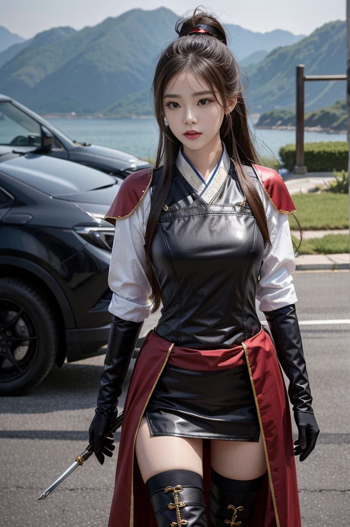 Chinese female general,Hua Mulan,Leather armor lined with reddish brown tabard,Battlefield Background,Hair bundles,
