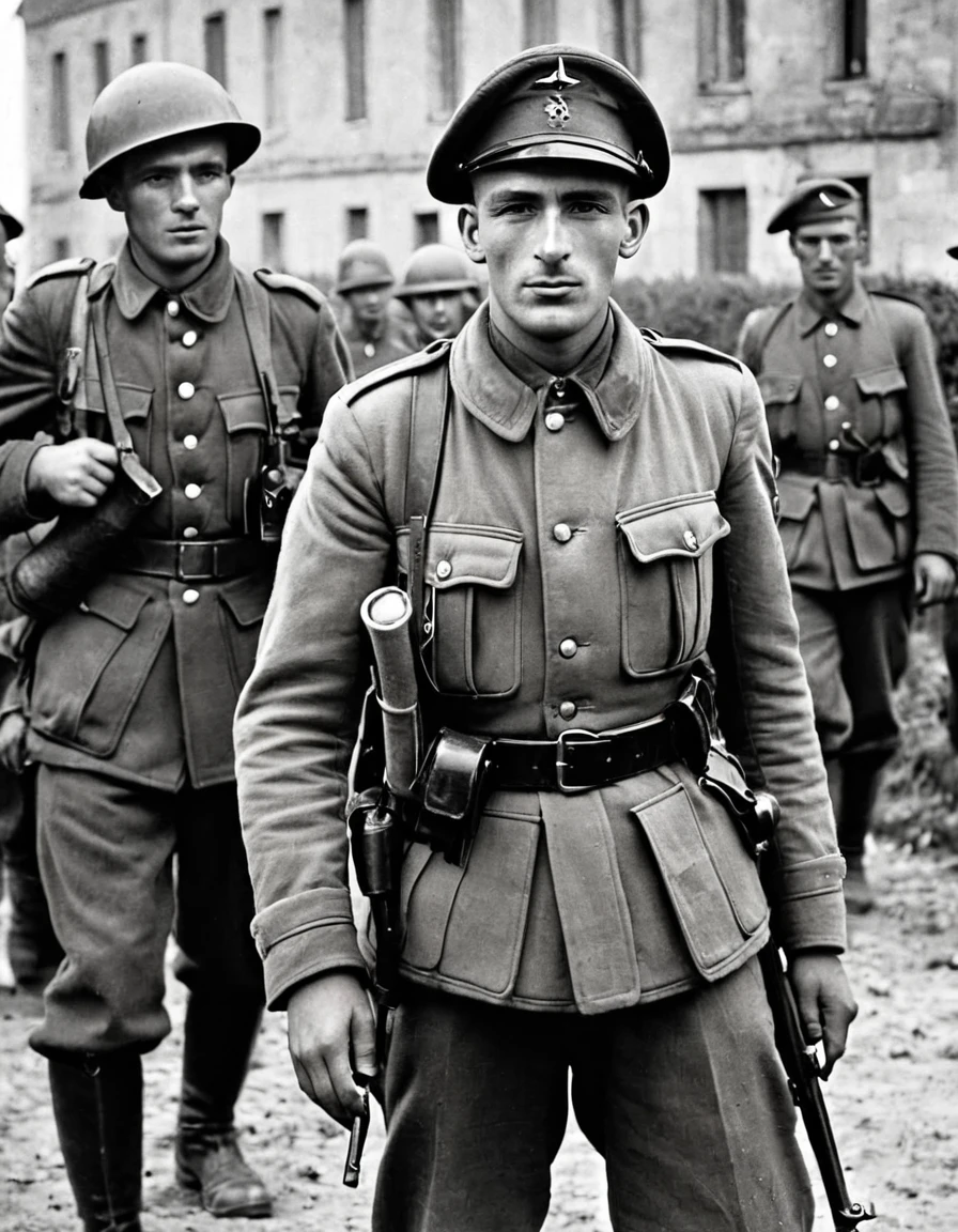 Imagine un soldat anglais de la seconde guerre mondiale de " the vigilant unit" (mercenaires au service de l'état, et ancien criminel qui veut se racheter auprès de son pays), il a une mitraillette sten a la main et a un cigare a la bouche, he is very well equipped with weapons but he has no helmet, il a un pistolet webley a sa ceinture, he is in Caen in France in the year 1944, fait une photo de la tête au pied