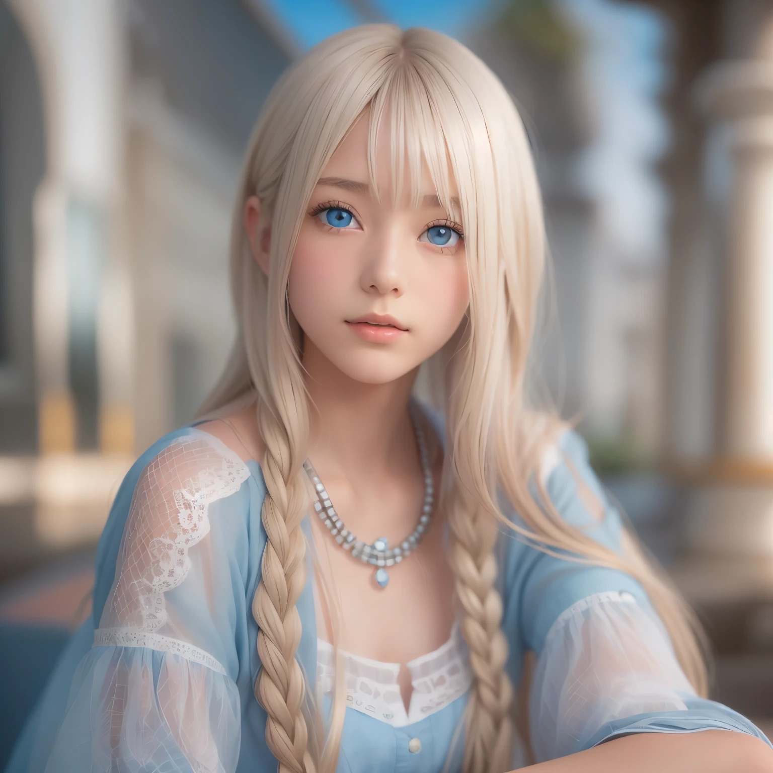 ((detailed face, cute face)), (She is wearing a long white embroidered skirt, a red blouse with lace, a white apron tied around her waist, blue socks, and brown leather shoes, blue scarf is on her head. Yes, her accessories include necklaces, earrings, and bracelets. 1 Girl)), Ultra High Resolution, (Realistic: 1.4), RAW Photo, Best Quality, (Photorealistic Stick), Focus, Soft Light, ((15 years old)), ((Shiny platinum blonde silk super long straight hair, beautiful shiny bangs, big clear sky blue eyes, very beautiful bright eye highlights )), (( (young face))), (surface), (depth of field), masterpiece, (realistic), woman, bangs, ((1 girl))