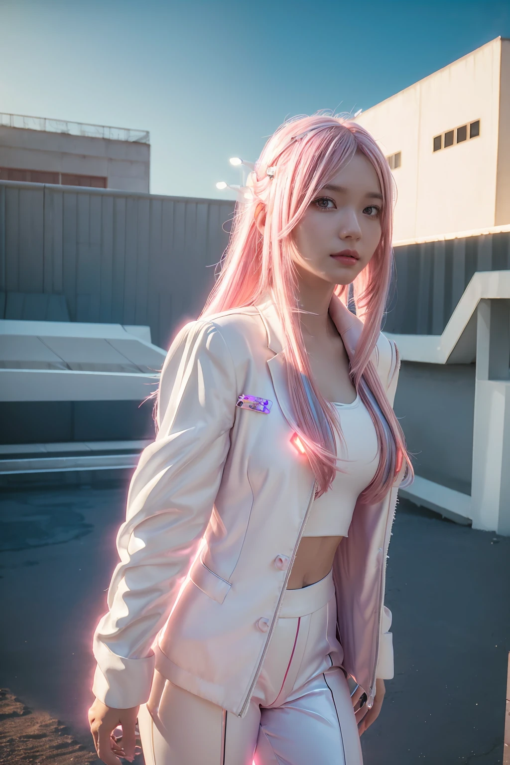 ((masterpiece, best quality, Very detailed), Volumetric Lighting, Ambient Occlusion, rich and colorful, Luminescence),
1 Girl, Solitary, Young Girls, (Pink Hair), long hair, Halo, halo, sacred, goddess, Network Package, (White suit:1.3), Android, robot, Angel Wings,
outdoor, Sunset, Sky, cloud, space, (Cyberpunk theme:1.2),