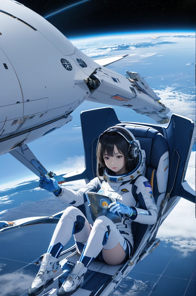 Space Travel Girl, carry (Spaceship windows)、Super color texture、8K、(Beautiful earth、inscription)