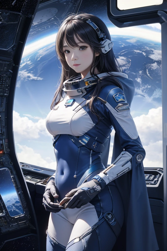 Space Travel Girl, carry (Spaceship windows)、Super color texture、8K、(Beautiful earth、inscription)