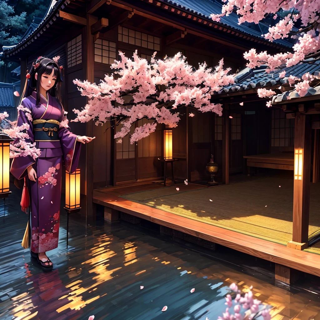 ((masterpiece))、(highest quality,High resolution:1.2),Super detailed,Beautiful woman in traditional Japanese kimono,Yamato Nadeshiko,Beautiful expression,Skilled tea ceremony,honor code,Sacred Devotion,Falling cherry blossom petals,Ancient Cherry Trees,Authentic Japanese scenery,A quiet temple seen in the distance,Subtle light and shadow,Sublime Art,Strokes,Thick black ink,manga-inspired,Traditional woodblock style,Vibrant colors,Delicate line drawing,Subtle incense scent,Serene atmosphere