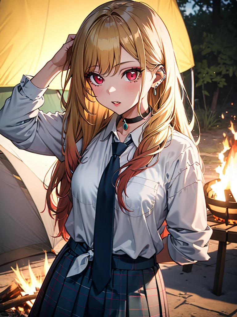Outdoor Camping:1.3、camp site、tent:1.3、bonfire、kitagawa marin, 1girl, blonde hair, long hair, multicolored hair, red eyes, jewelry, earrings, piercing, , white shirt, tied shirt, black choker, blue necktie, plaid skirt, UHD, retina, ccurate, masterpiece, anatomically correct, textured skin, super detail, high details, high quality, best quality, highres, 8k,