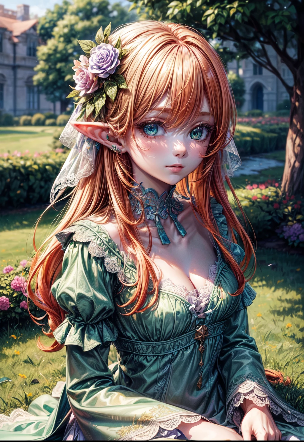 ((best quality)), ((masterpiece)), (detailed), perfect face, elf, young, girl, orange hair, long hair, green eyes, lilac dress, flowers, pink flowers, happy, sunny, green grass, lawn, white lace choker, romantic, soft smile, looking at viewer, portrait, puffed sleeves, flat breast