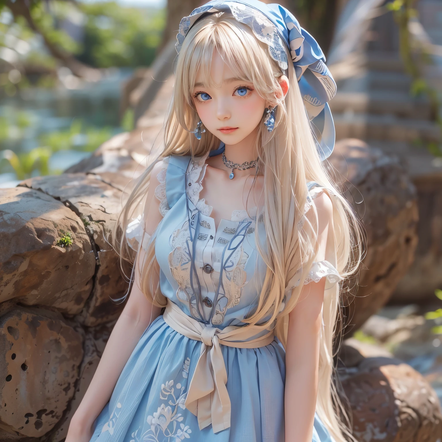 ((detailed face, cute face)), (She is wearing a long white embroidered skirt, a red blouse with lace, a white apron tied around her waist, blue socks, and brown leather shoes, blue scarf is on her head. Yes, her accessories include necklaces, earrings, and bracelets. 1 Girl)), Ultra High Resolution, (Realistic: 1.4), RAW Photo, Best Quality, (Photorealistic Stick), Focus, Soft Light, ((15 years old)), ((Shiny platinum blonde silk super long straight hair, beautiful shiny bangs, big clear sky blue eyes, very beautiful bright eye highlights )), (( (young face))), (surface), (depth of field), masterpiece, (realistic), woman, bangs, ((1 girl))