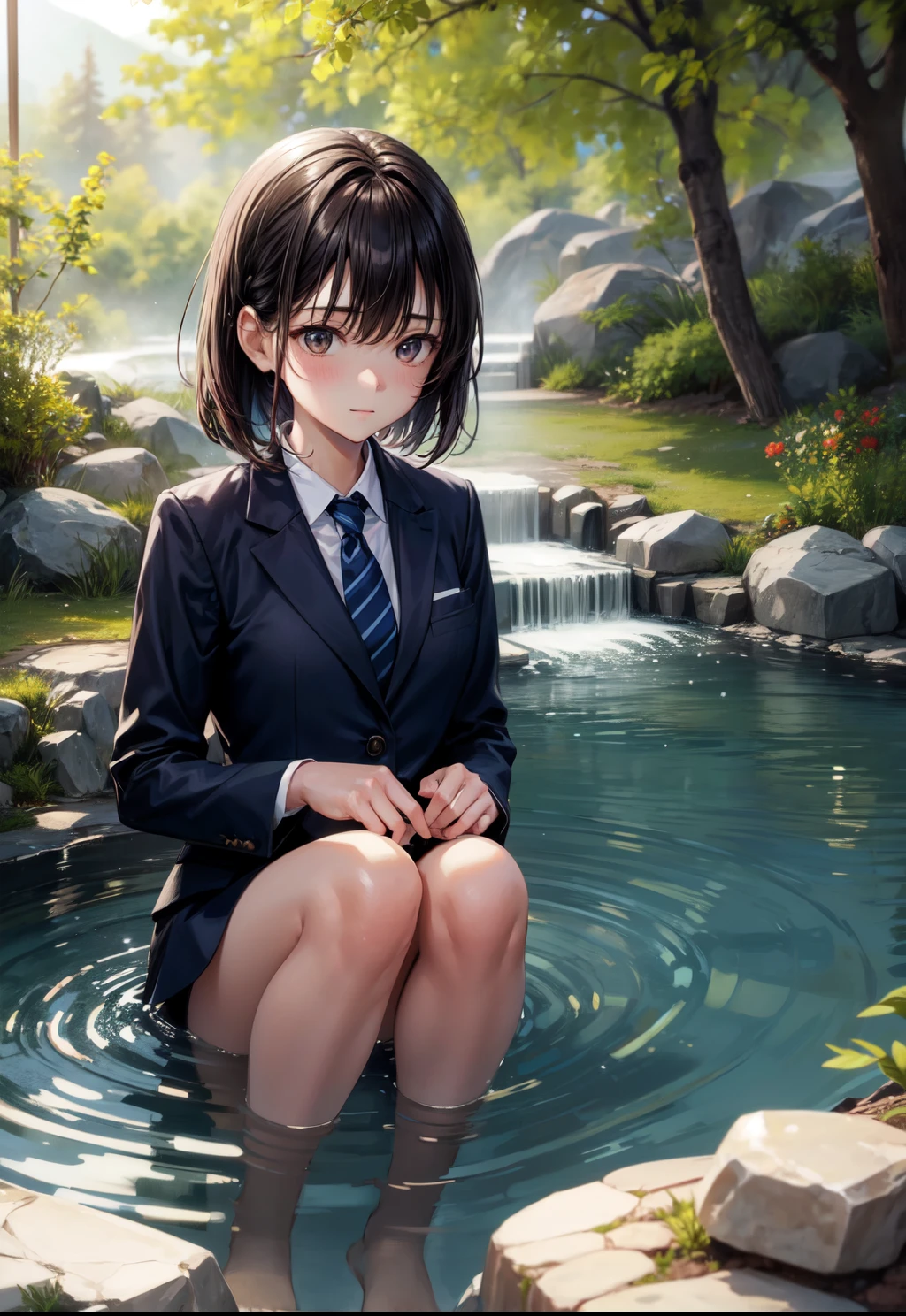 1 girl, (alone:1.3), ditch, hot spring, Outdoor activities, suit, holding one's legs, certainly(blue file), medium breasts, blonde hair, braid, folded ponytail, Headband,,sexy