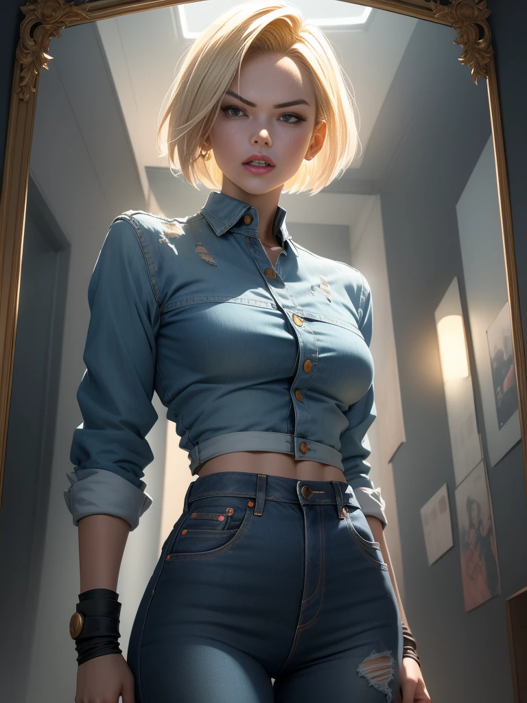 (1 Girl:1.4), (SFW), (Dressed), (masterpiece), illustration,(Practical:1.5), (Mirror lighting:1.4), (hyperPractical:1.2), (photoPractical face:1.2), (Perfect face), (best quality), (8K), (4k), photoPractical, Clear focus, Octane Rendering, best quality, Very detailed, Wheels within wheels, Ultra Detailed, fantasy, soft light,(Medium breasts:1.4), (Skin dentition:1.3), 《Dragon Ball》Android 18, Looking down at the audience, after a fight, Torn clothes, Robot 18, Skinny blue jeans, Perfect body, denim jacket, Horizontal striped shirt, Perfect hands, Suspicious face, excited to fight, Blonde Bob Short Hair, Destroyed city in the background, fist up