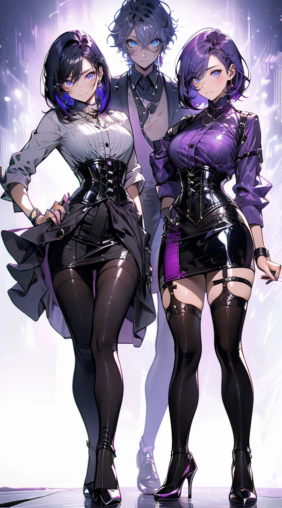 Purple hair,voluminous short hair,Adult female,(suit),((Roll up your sleeves)),(Corset),(Tight skirt),(high heels),The heel is visible,((Simple background)),Smile,((Full body)),((whole body)),Character Sheet,