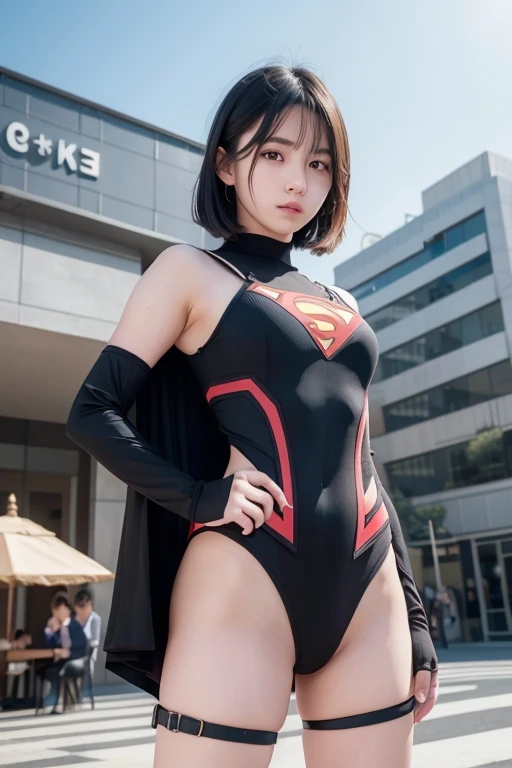 High resolution、8k、Beautiful Woman、1 female、Medium chest、Short black hair、(Superhero Outfits)、(The square in front of the building)、Strike a hero pose