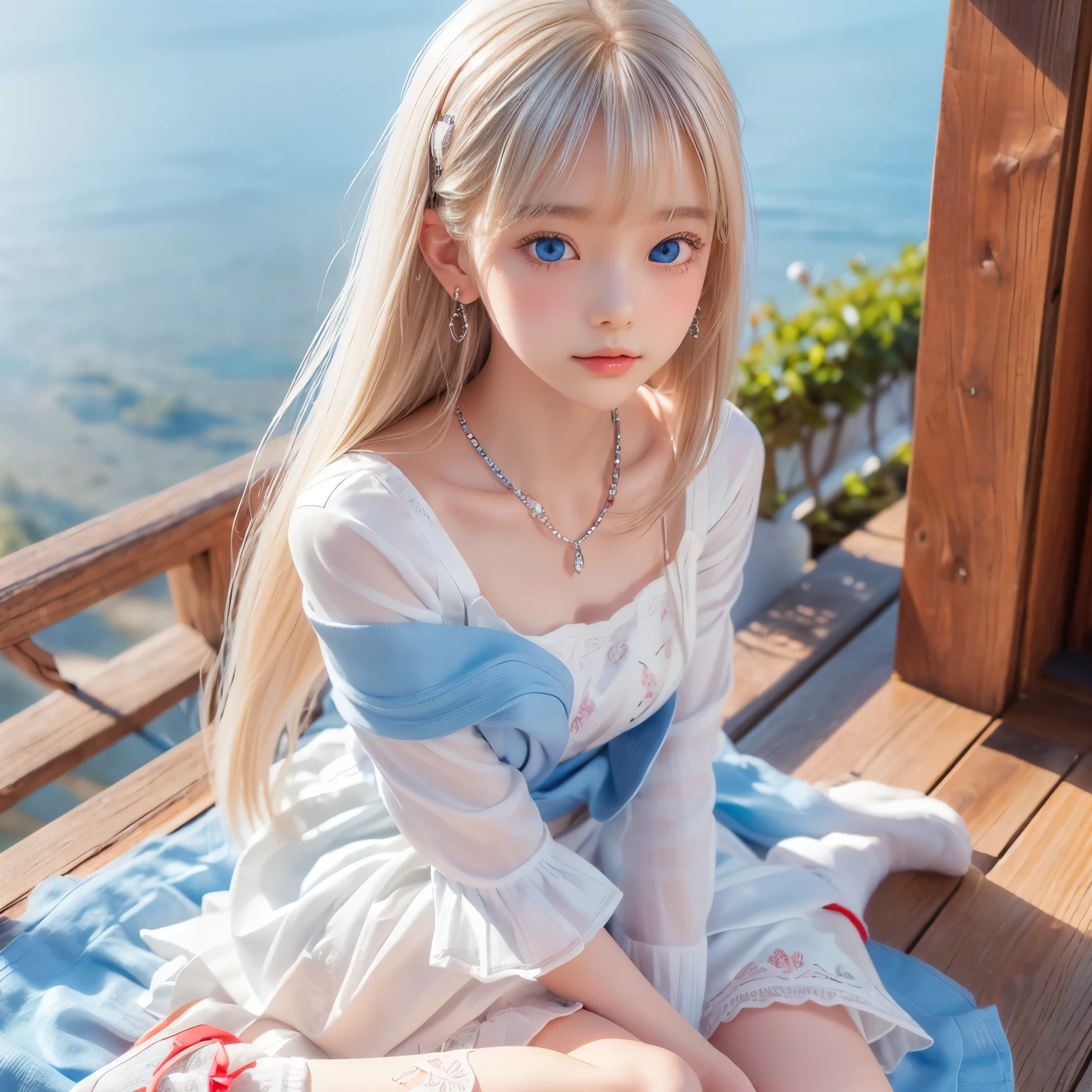 ((detailed face, cute face)), (She is wearing a long white embroidered skirt, a red blouse with lace, a white apron tied around her waist, blue socks, and brown leather shoes, blue scarf is on her head. Yes, her accessories include necklaces, earrings, and bracelets. 1 Girl)), Ultra High Resolution, (Realistic: 1.4), RAW Photo, Best Quality, (Photorealistic Stick), Focus, Soft Light, ((15 years old)), ((Shiny platinum blonde silk super long straight hair, beautiful shiny bangs, big clear sky blue eyes, very beautiful bright eye highlights )), (( (young face))), (surface), (depth of field), masterpiece, (realistic), woman, bangs, ((1 girl))