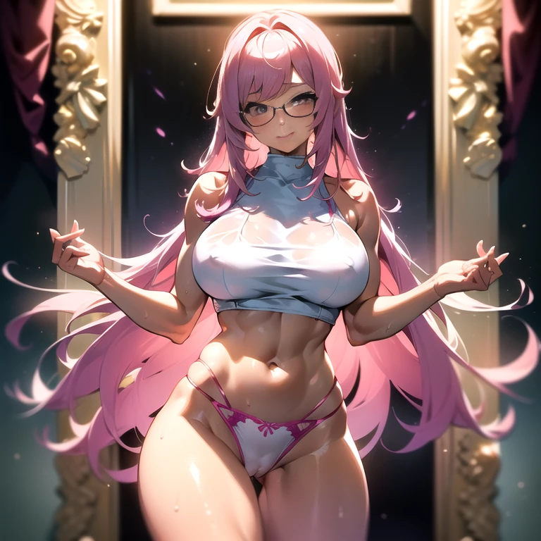 (masterpiece, best quality:1.2), cowboy shot, solo, 1girl, glasses, long fluffy pink hair, gorgeous body, cowboy shot, slight smile, crop top, (sexy and very transparent (collorfull) clothes), sexy pose, musculous belly, navel exposed, large breasts, pink breasts niples, cameltoe, tanned skin, wet body and clothes.