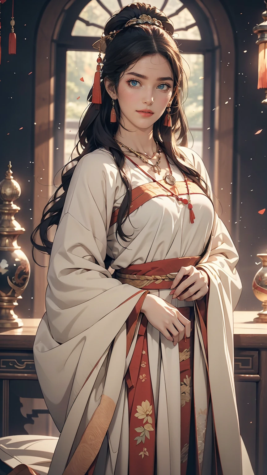 Great quality, masterpiece, High Resolutiupon, One girl, blush, (Captivating smile: 0.8), Star Student, chinese hanfu, hair accessory, necklace, jewelry, beauty, upon_body, Tyndall effect, Realistic, Shadow Room, Light Edge, Two-tupone Lighting, (Skin with attention to detail: 1.2), 8k UHD, SLR, Soft Light, high quality, Volumetric lighting, snapshot, High Resolutiupon, 4K, 8k, Background Blur, Real Persupon