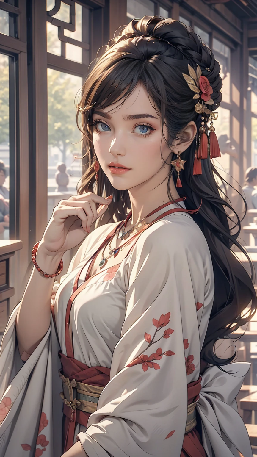 Great quality, masterpiece, High Resolutiupon, One girl, blush, (Captivating smile: 0.8), Star Student, chinese hanfu, hair accessory, necklace, jewelry, beauty, upon_body, Tyndall effect, Realistic, Shadow Room, Light Edge, Two-tupone Lighting, (Skin with attention to detail: 1.2), 8k UHD, SLR, Soft Light, high quality, Volumetric lighting, snapshot, High Resolutiupon, 4K, 8k, Background Blur, Real Persupon