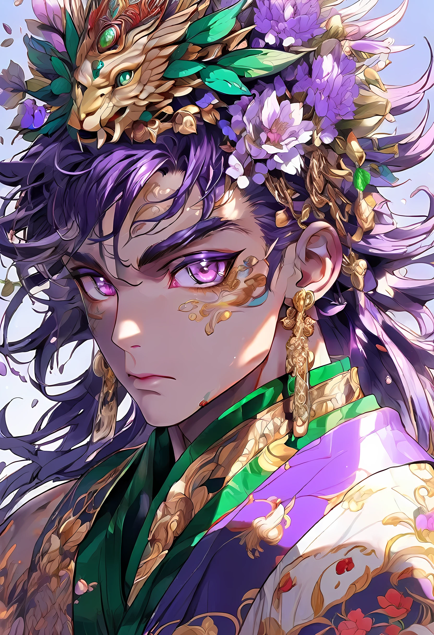 Model shoot style, (extremely detailed CG 8k wallpaper), body photo of the most beautiful artwork in the world, (((intricate design))) (((top quality))) (((16K))) (((high definition))) 16K splash art, (((photorealistic))) high-res, ultra sharp, ((masterpiece)), the best quality, expressive eyes, perfect face, (((sexy purple robes))) super eyes, perfectly detailed anatomy (((volumetric lighting))) (((natural lighting))) (((1Male))) (((bodybuilder))), (((hyper muscular))) (((hyper pecs))) (((broad shoulders))) (((purple male humanoid))), (((he has purple skin))) humanoid flower, flower tattoos, flower garden, (((Purple Skin!))), (((purple long hair!))) (((purple skin tone!))) (((purple skin complexion))) fruity, zesty personality, deity, elf ears, god of flowers, flower headdress, earrings, green glowing eyes, bloom, handsome humanoid male, spreading his pheromones, flower clothing, plants, pot plants, blooming, textured skin, wisdom, spiritual,
