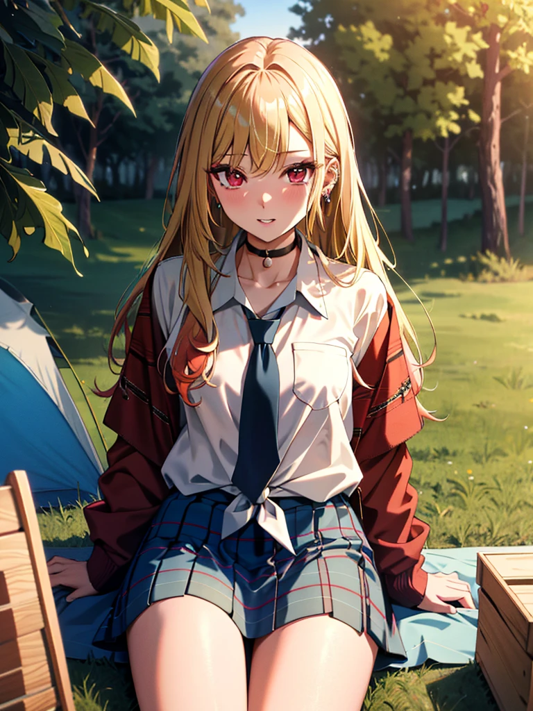 Outdoor Camping:1.3、camp site、tent:1.3、bonfire、kitagawa marin, 1girl, blonde hair, long hair, multicolored hair, red eyes, jewelry, earrings, piercing, , white shirt, tied shirt, black choker, blue necktie, plaid skirt, UHD, retina, ccurate, masterpiece, anatomically correct, textured skin, super detail, high details, high quality, best quality, highres, 8k,