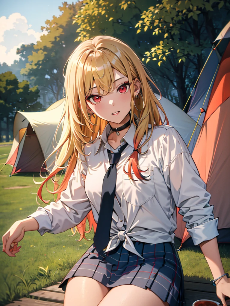 Outdoor Camping:1.3、camp site、tent:1.3、bonfire、kitagawa marin, 1girl, blonde hair, long hair, multicolored hair, red eyes, jewelry, earrings, piercing, , white shirt, tied shirt, black choker, blue necktie, plaid skirt, UHD, retina, ccurate, masterpiece, anatomically correct, textured skin, super detail, high details, high quality, best quality, highres, 8k,