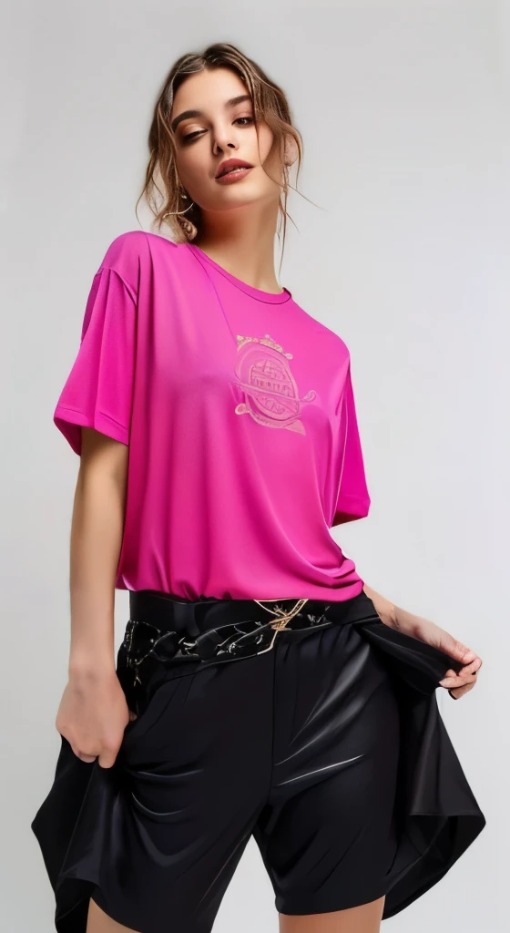 arafed woman in a blusa rosa and black shorts holding a black jacket, camisa magenta, com camiseta rasgada, blusa rosa, camisa amarrada, roupas rosa, camiseta violeta, Roupa casual, roupas rasgadas, fotografia de roupas, Manga curta, camiseta, Rosa neon, Rosa quente, vestindo uma camiseta, modern Roupa casual
