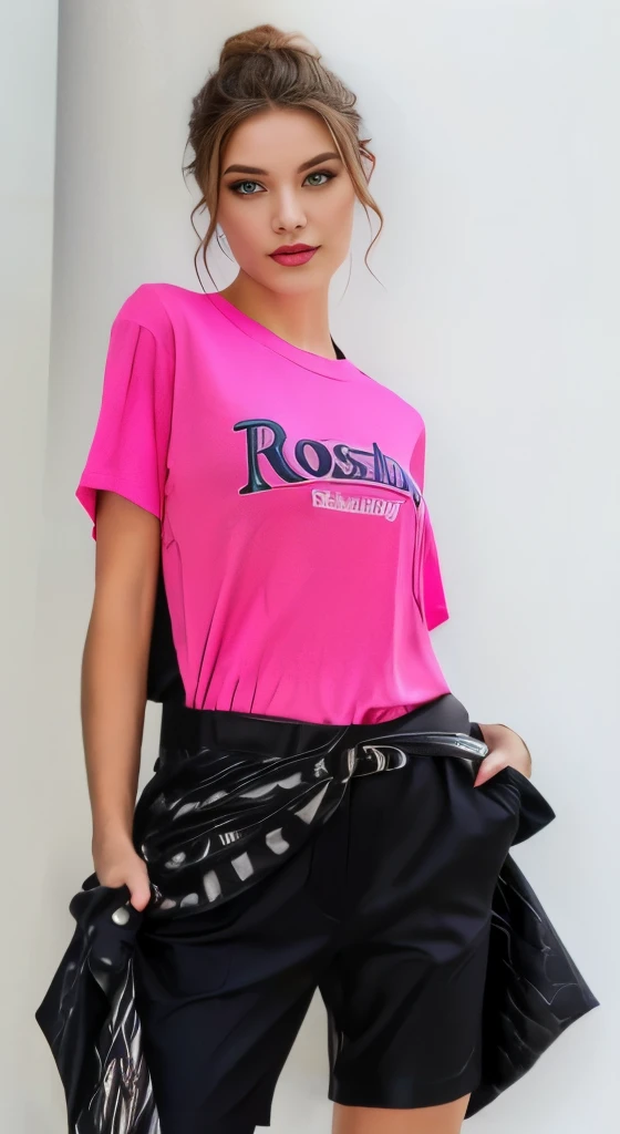 arafed woman in a blusa rosa and black shorts holding a black jacket, camisa magenta, com camiseta rasgada, blusa rosa, camisa amarrada, roupas rosa, camiseta violeta, Roupa casual, roupas rasgadas, fotografia de roupas, Manga curta, camiseta, Rosa neon, Rosa quente, vestindo uma camiseta, modern Roupa casual