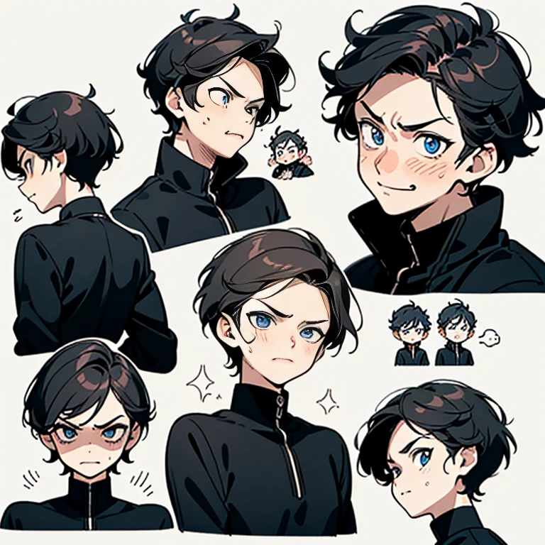male，Face Overview， boy、Man with short black hair、blue eyes (((smile, Sexy face, Kind Face、Straight face, Calm face, Scary face, Glaring face))) Black suit, ((short hair)) (((Detailed character sheet, Front view, Side view, 3/4 Views))) (((White Background)))