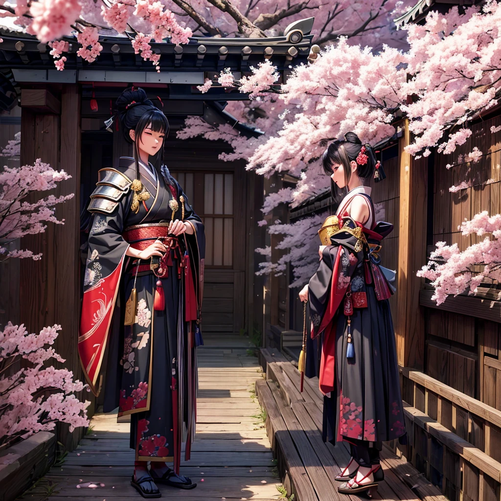 (highest quality,High resolution:1.2),Super detailed,Traditional Japanese samurai armor,Warrior,Stoic expression,Severe,skilled swordsmanship,Classic Katana,The Samurai Code of Honor,Sacred Devotion,Falling cherry blossom petals,Ancient Cherry Trees,Authentic Japanese scenery,A quiet temple seen in the distance,Subtle light and shadow,Sublime Art,Strokes,Thick black ink,manga-inspired,Traditional woodblock style,Vibrant colors,Delicate line drawing,Subtle incense scent,Serene atmosphere