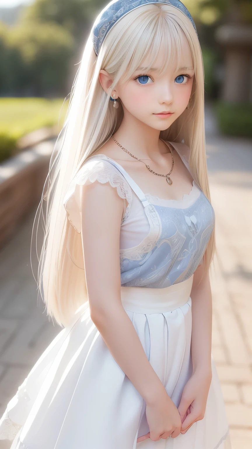 ((detailed face, cute face)), (She is wearing a long white embroidered skirt, a red blouse with lace, a white apron tied around her waist, blue socks, and brown leather shoes, blue scarf is on her head. Yes, her accessories include necklaces, earrings, and bracelets. 1 Girl)), Ultra High Resolution, (Realistic: 1.4), RAW Photo, Best Quality, (Photorealistic Stick), Focus, Soft Light, (()), ((Shiny platinum blonde silk super long straight hair, beautiful shiny bangs, big clear sky blue eyes, very beautiful bright eye highlights )), (( (young face))), (surface), (depth of field), masterpiece, (realistic), woman, bangs, ((1 girl))