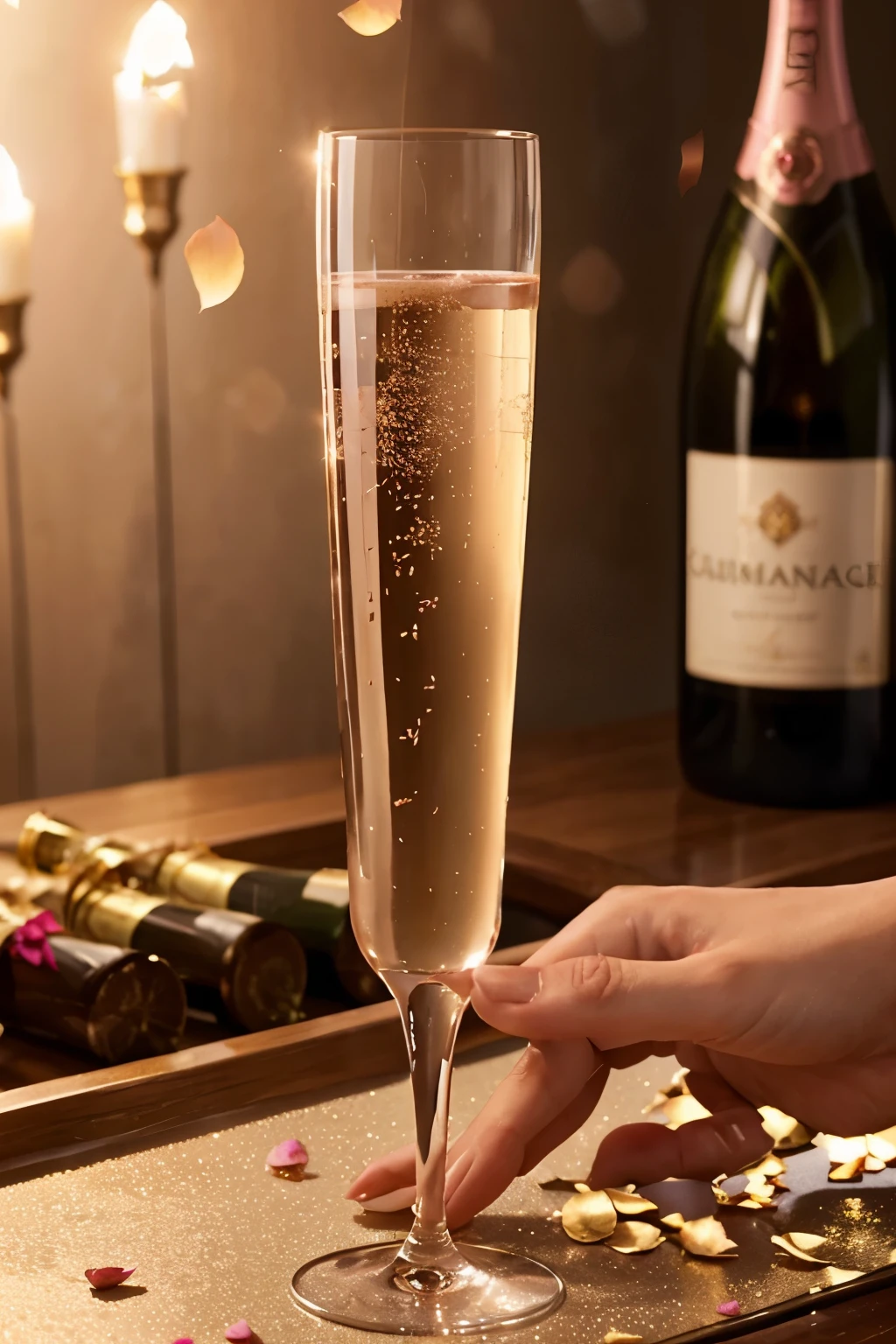 Elegant Flute: Picture a slender champagne flute with a sparkling drink, placed on a polished surface with scattered rose petals and a bottle of champagne in the background, emphasizing celebration and sophistication.