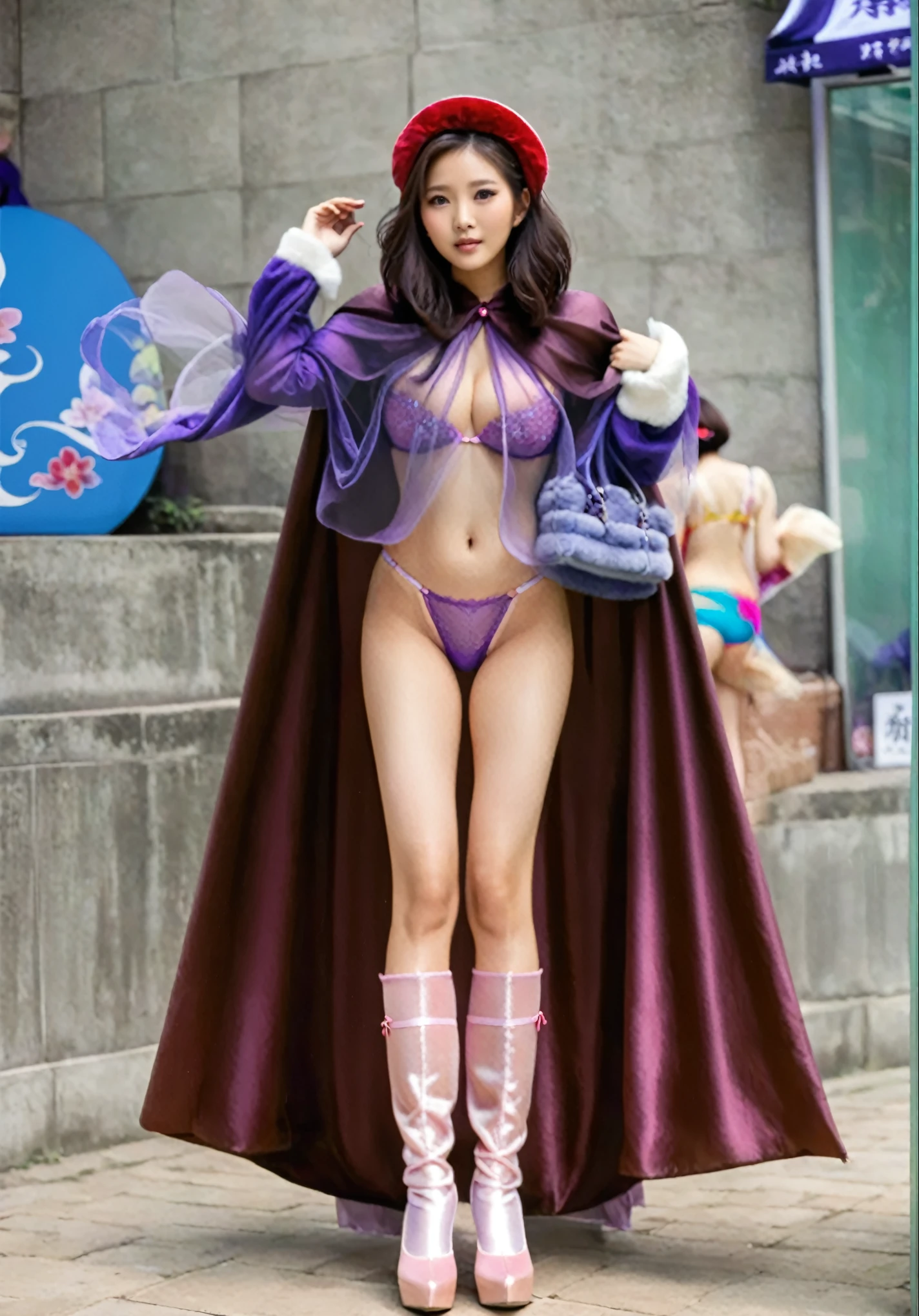 Chinese Princess, Girls with short hair, Very awkward to say hello,pink and purple lingerie,pink and purple panties,Transparent underwear,fashion trends, Huge breasts, Long pink purple cloak