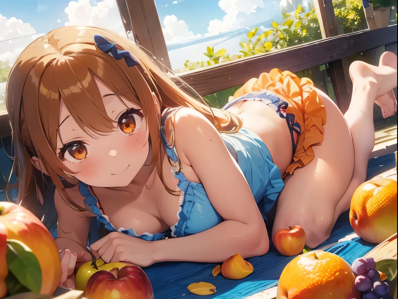 A cute frilly orange bra、Cute orange frilly underwear、barefoot、Sandy beach, cumulonimbus clouds, blue sky and apple house、An overflowing pile of mandarins, apples, muscat grapes, bananas and melon on top of the girl.