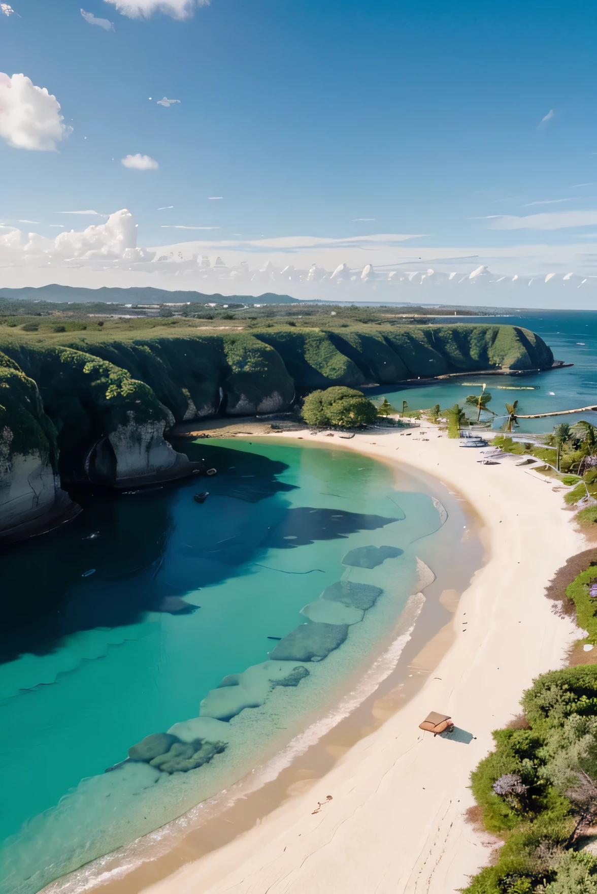 An island seen from above with different trees the sky was a greenish blue the plants were magical and different from afar you could see people and SOS on the white sand with bright blue pebbles