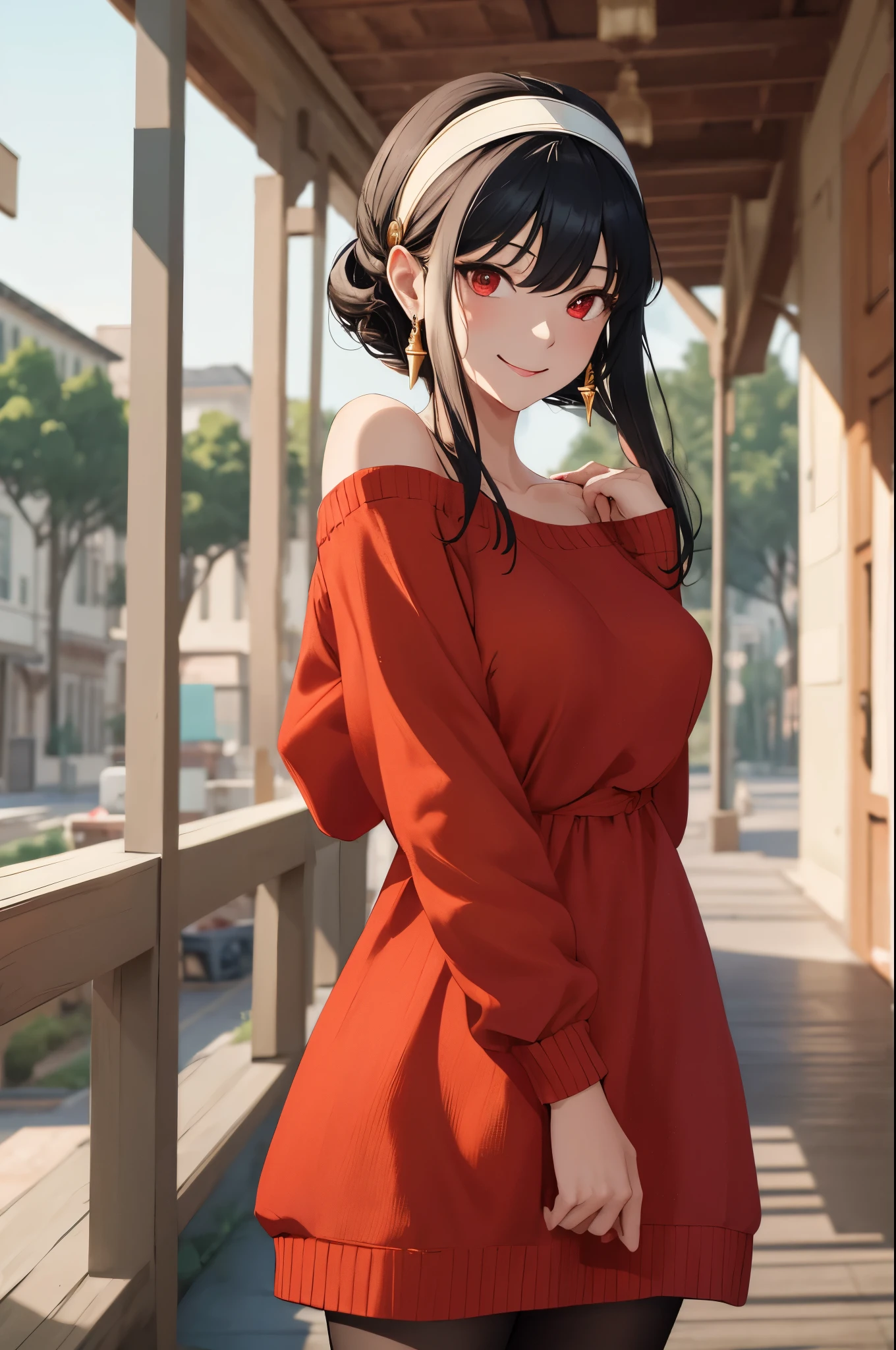 masterpiece, best quality, highres, bbyorf, short hair with long locks, white hairband, red eyes, gold earrings, large breasts, jewelry, off shoulder, Red sweater, sweater dress, long sleeves, black pantyhose, outdoors, standing cowboy shot, smile